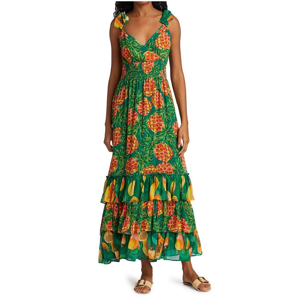 Farm Rio Pineapple Galore Smocked Waist Maxi Dress Small NWT